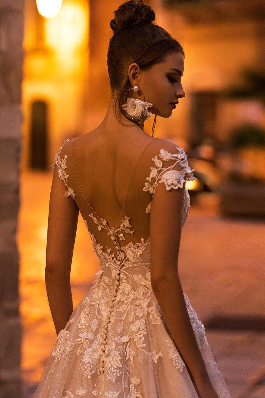 Cap sleeves Lace Sweetheart A-line Lace Flowers Wedding Dresses-BallBride