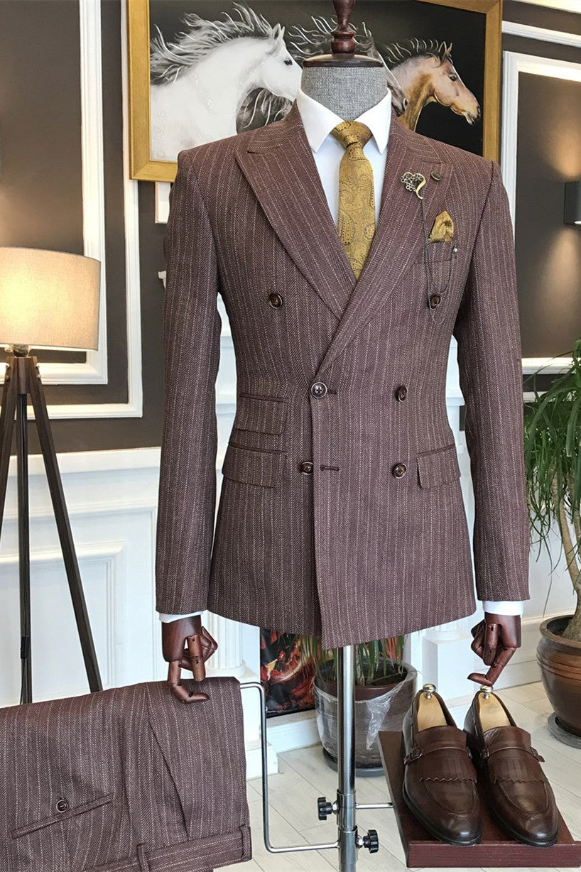 Carl Fashion Striped Double Breasted Peaked Lapel Business Suit for Men-BallBride
