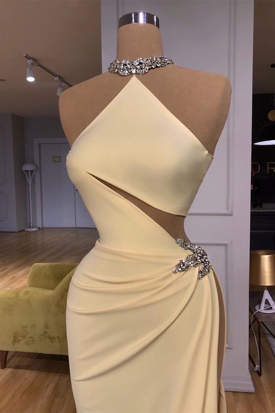 Champagne Halter Crystal Sheath Side Slit Prom Dress-BallBride