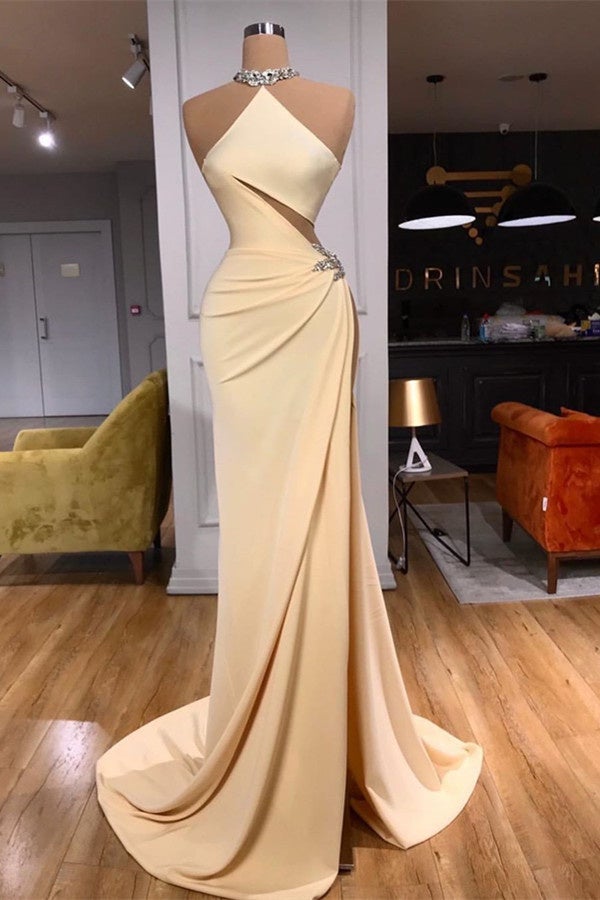 Champagne Halter Crystal Sheath Side Slit Prom Dress-BallBride