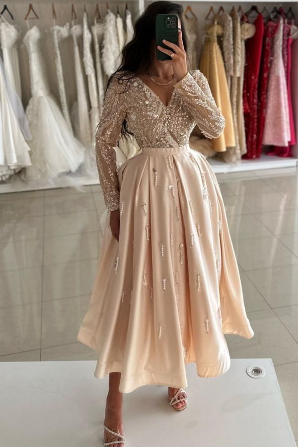 Champagne Long Sleeves V Neck A Line Long Prom Dress with Beads and Ruffles-BallBride