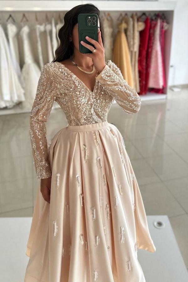 Champagne Long Sleeves V Neck A Line Long Prom Dress with Beads and Ruffles-BallBride