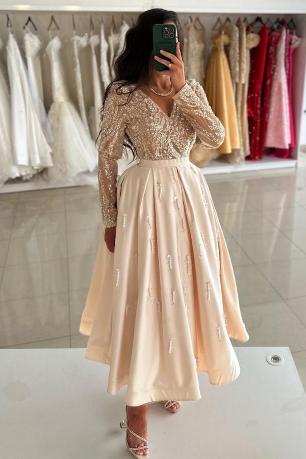 Champagne Long Sleeves V Neck A Line Long Prom Dress with Beads and Ruffles-BallBride