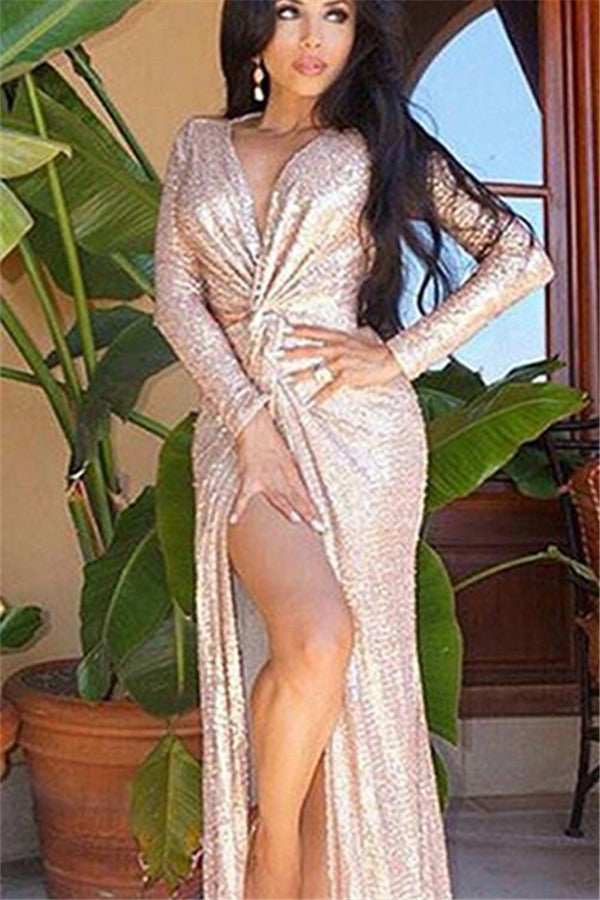 Champagne Long Sleeves V-Neck Ruffles Front-Split Prom Dress-BallBride