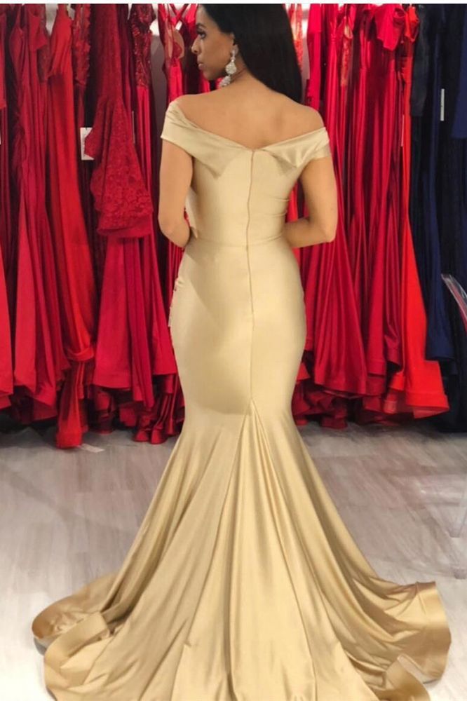 Champagne Off Shoulder Mermaid Ruffles Prom Dress-BallBride