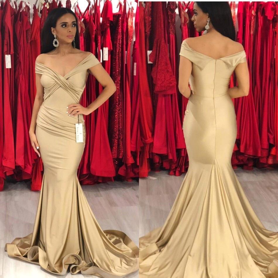 Champagne Off Shoulder Mermaid Ruffles Prom Dress-BallBride