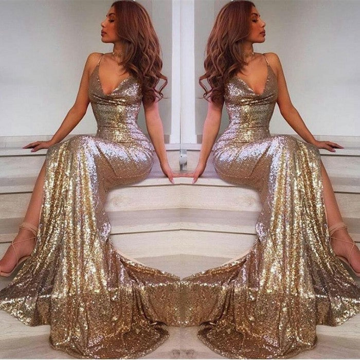 Champagne Sequins Spaghetti Straps Side Slit Prom Dress-BallBride