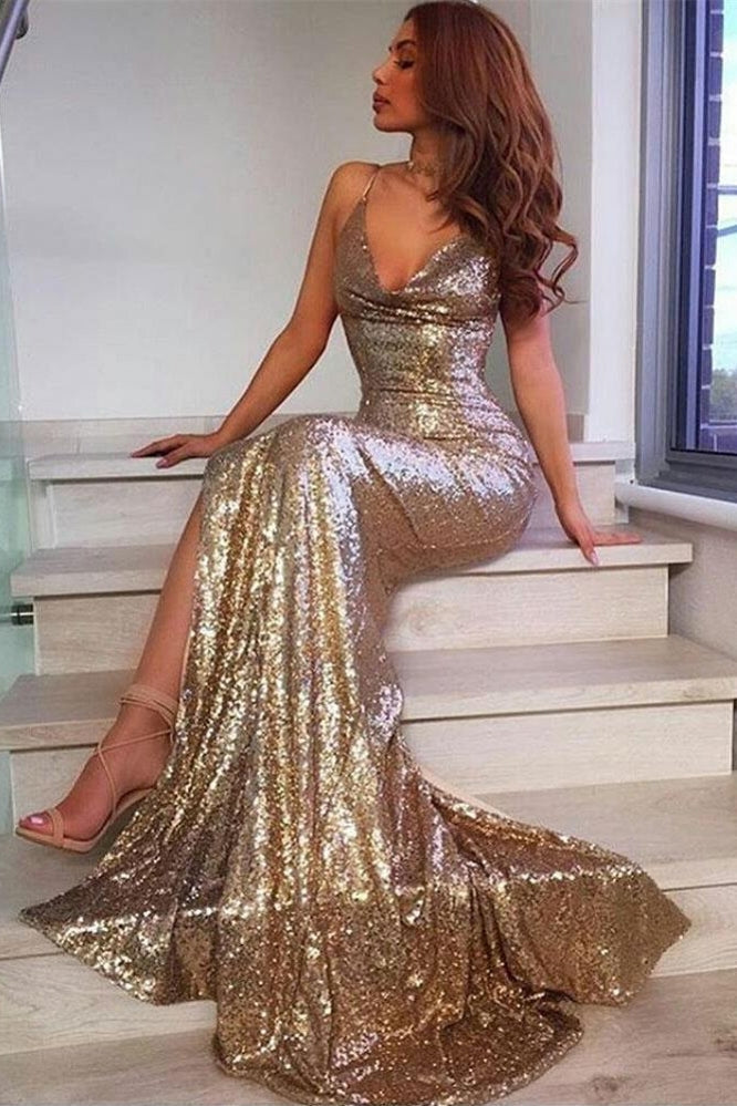 Champagne Sequins Spaghetti Straps Side Slit Prom Dress-BallBride