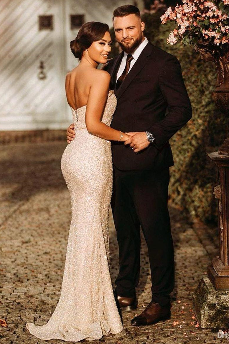 Champagne Sequins Strapless Side Slit Sheath Prom Dress-BallBride