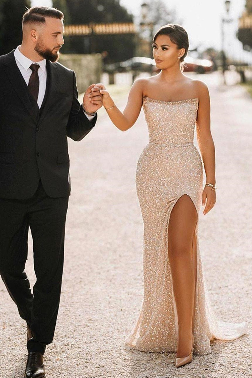 Champagne Sequins Strapless Side Slit Sheath Prom Dress-BallBride