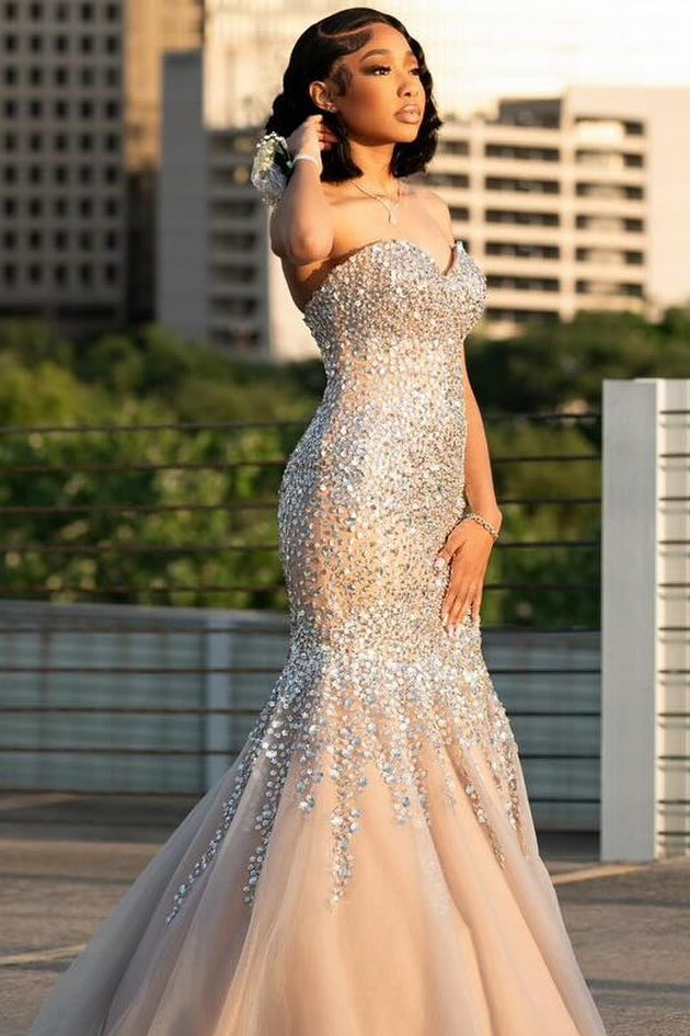 Champagne Sexy Mermaid Crystal Tulle Prom Dress-BallBride