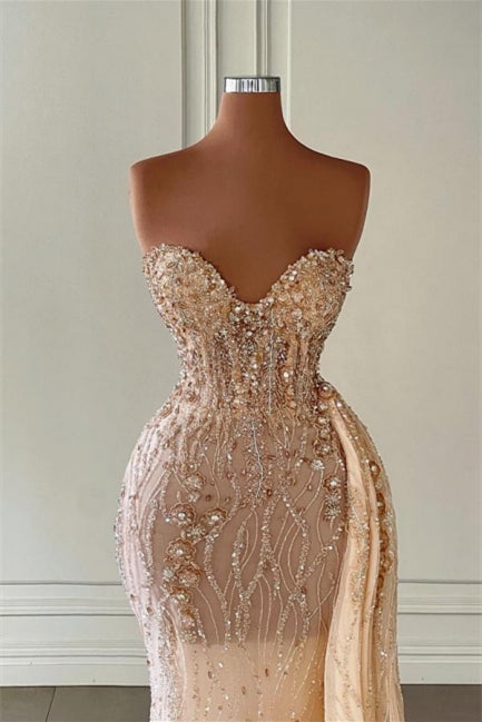 Champagne Sweetheart Tulle Crystal Sheath Prom Dress with Overskirt-BallBride