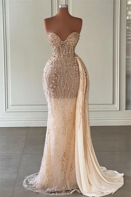 Champagne Sweetheart Tulle Crystal Sheath Prom Dress with Overskirt-BallBride