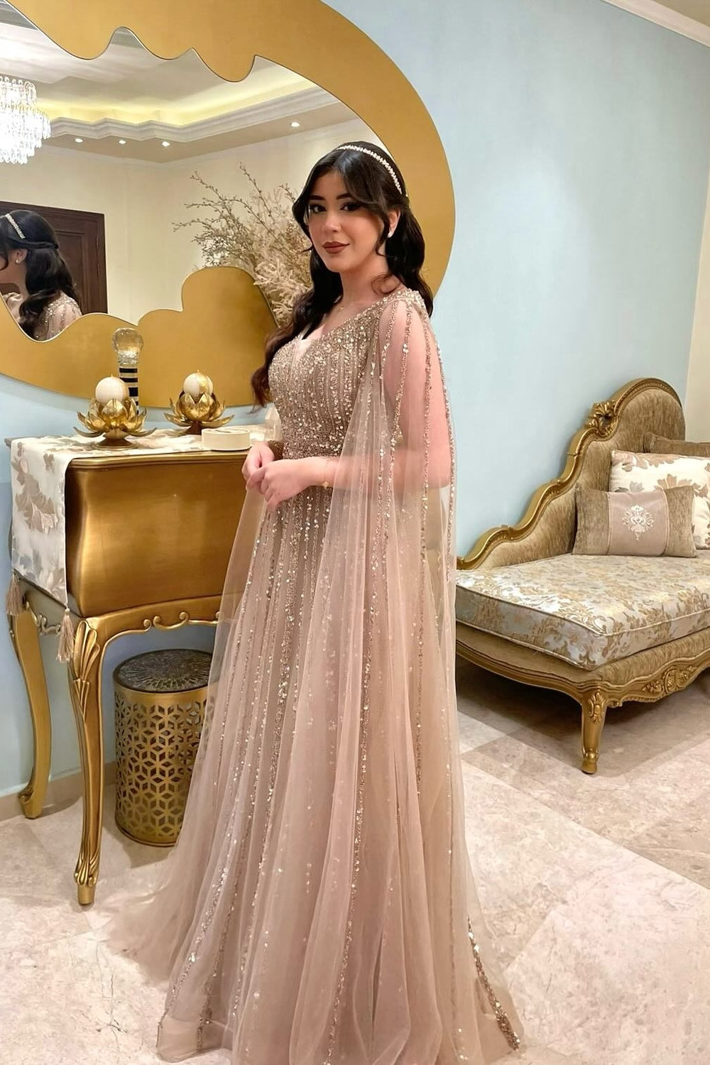Champagne V-Neck Long Sleeve A-Line Sequined Tulle Prom Dress-BallBride