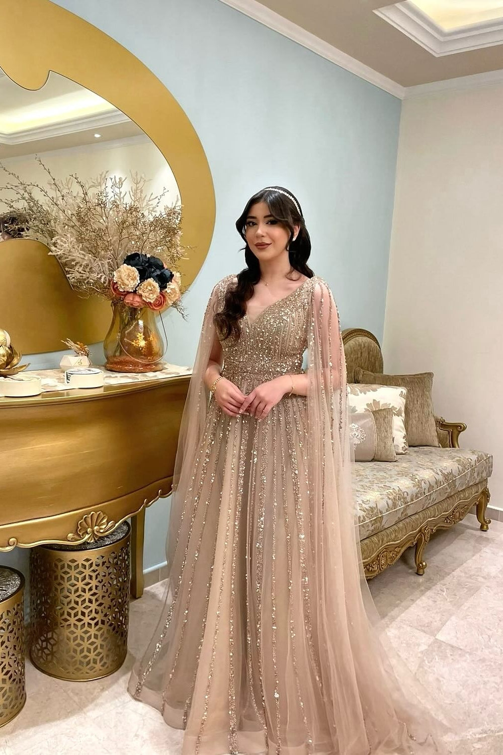 Champagne V-Neck Long Sleeve A-Line Sequined Tulle Prom Dress-BallBride