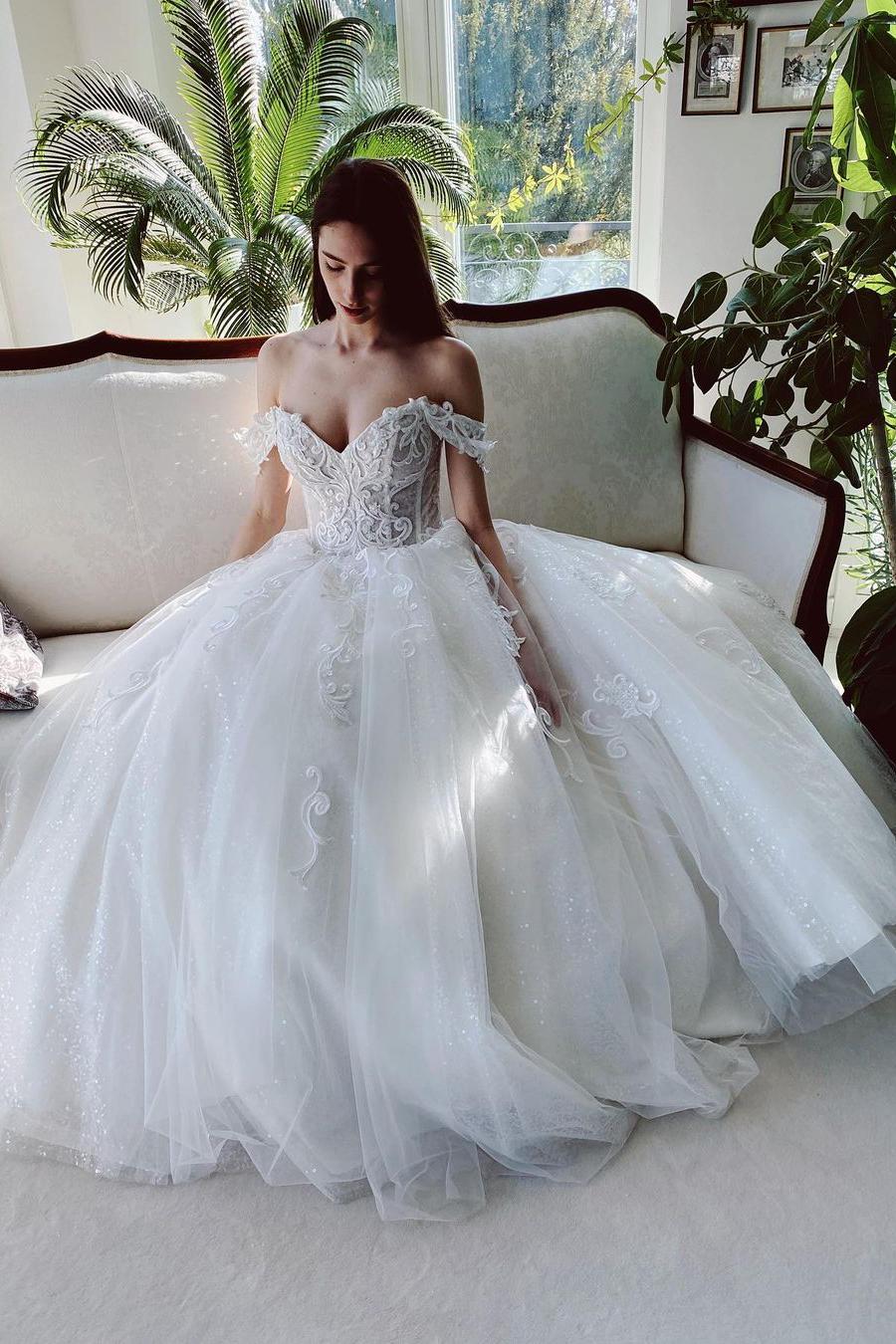 Charming A-Line Tulle Wedding Dress with Off-The-Shoulder-BallBride