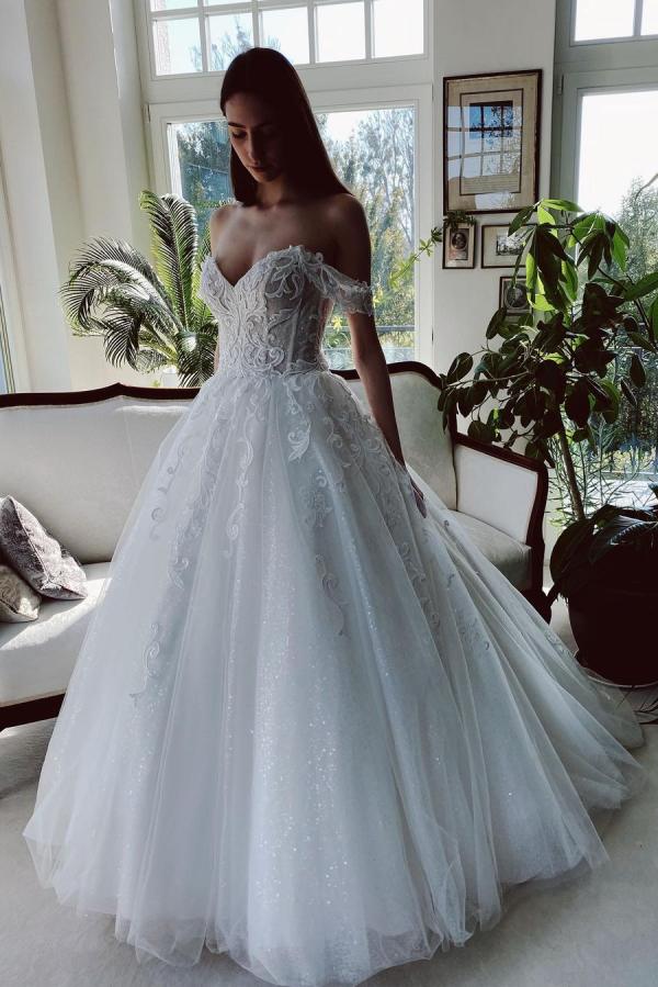 Charming A-Line Tulle Wedding Dress with Off-The-Shoulder-BallBride