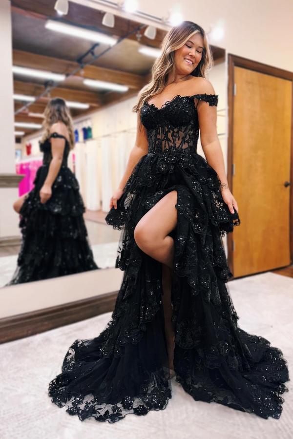 Charming Black Long A-line Sweetheart Off The Shoulder Tulle Lace Prom Dresses with Slit-BallBride