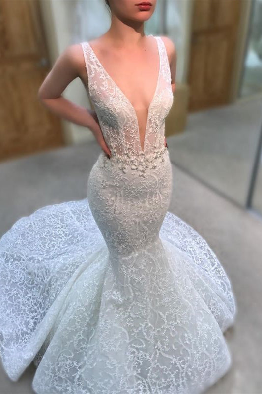 Charming Deep V-Neck Long Mermaid Wedding Dress with Lace Appliques-BallBride