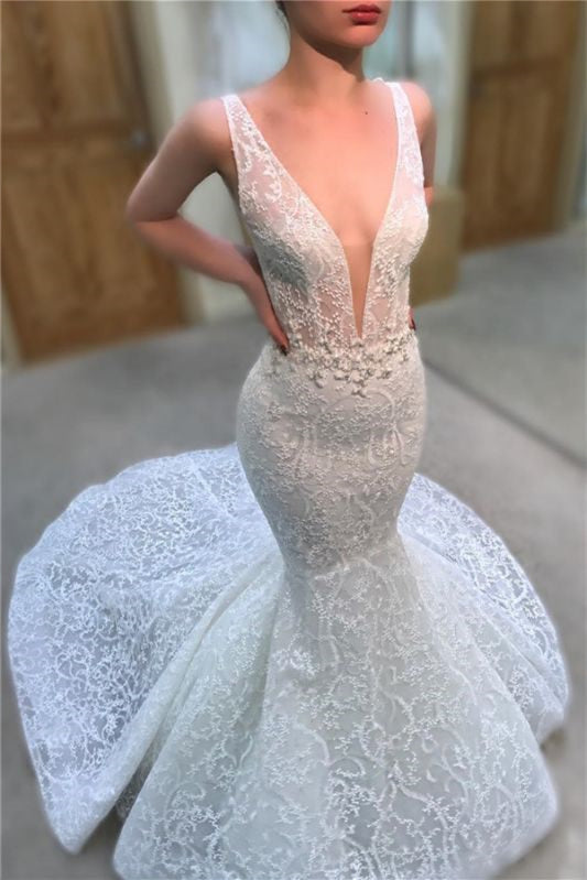Charming Deep V-Neck Long Mermaid Wedding Dress with Lace Appliques-BallBride