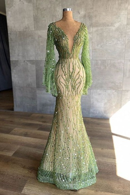 Charming Green Mermaid Beaded Prom Dress with Long Sleeves and Sequins-BallBride