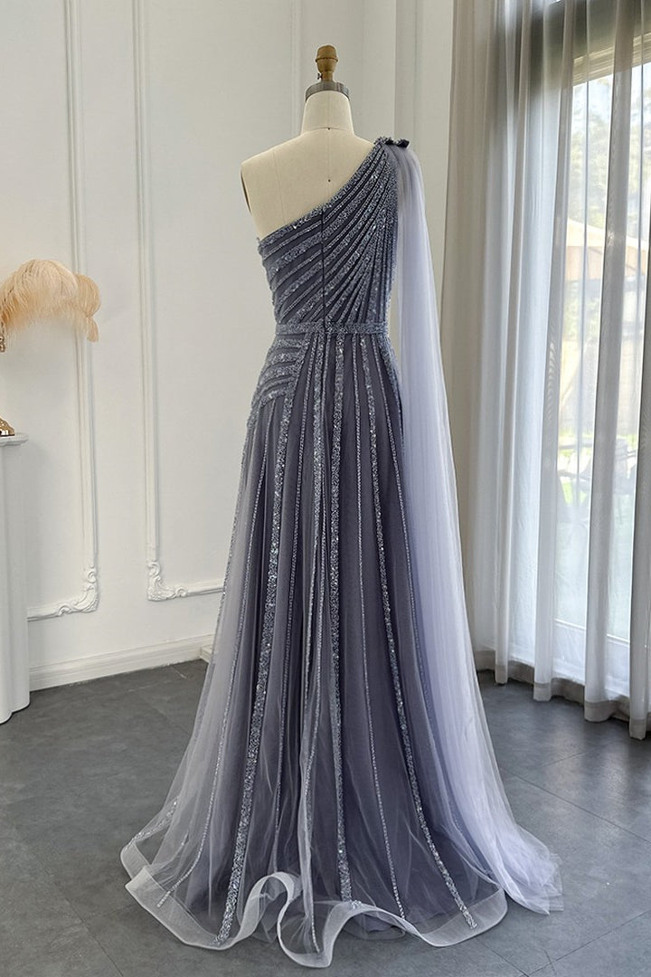 Charming Grey One Shoulder Prom Dress with Beadings and Tulle Skirt-BallBride