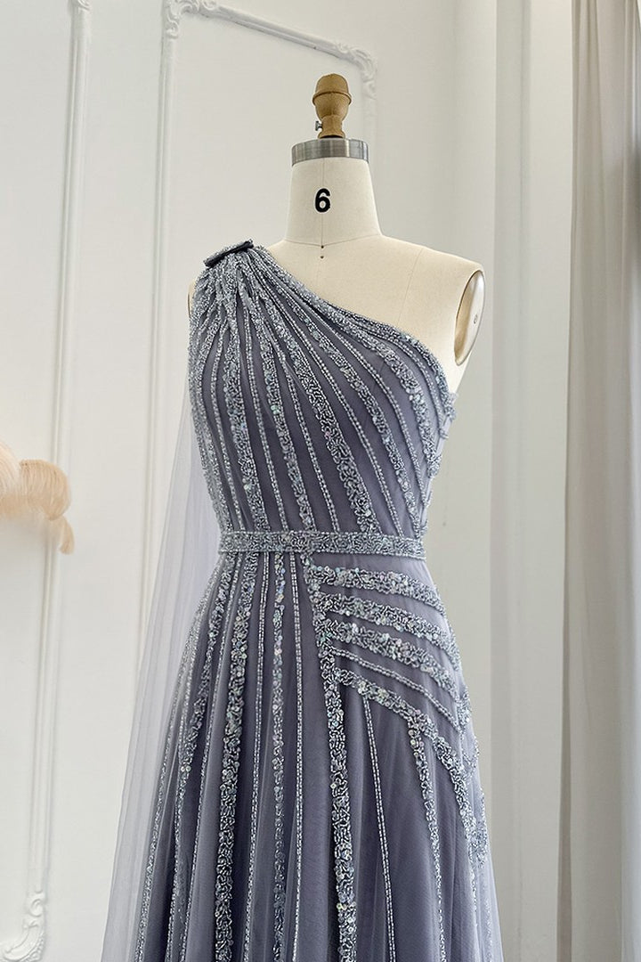 Charming Grey One Shoulder Prom Dress with Beadings and Tulle Skirt-BallBride