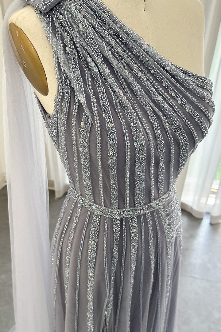 Charming Grey One Shoulder Prom Dress with Beadings and Tulle Skirt-BallBride