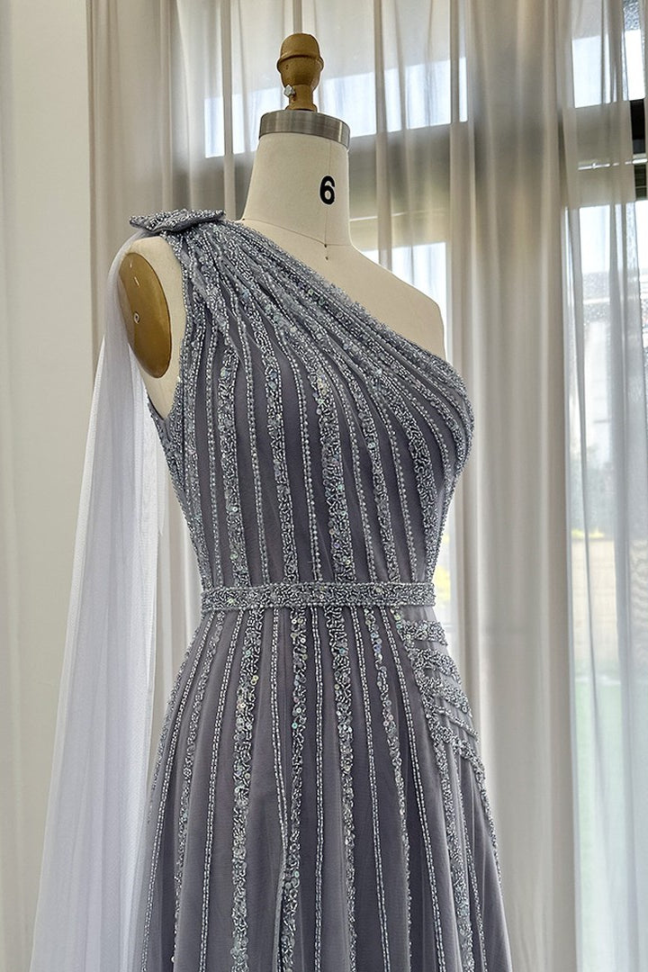 Charming Grey One Shoulder Prom Dress with Beadings and Tulle Skirt-BallBride