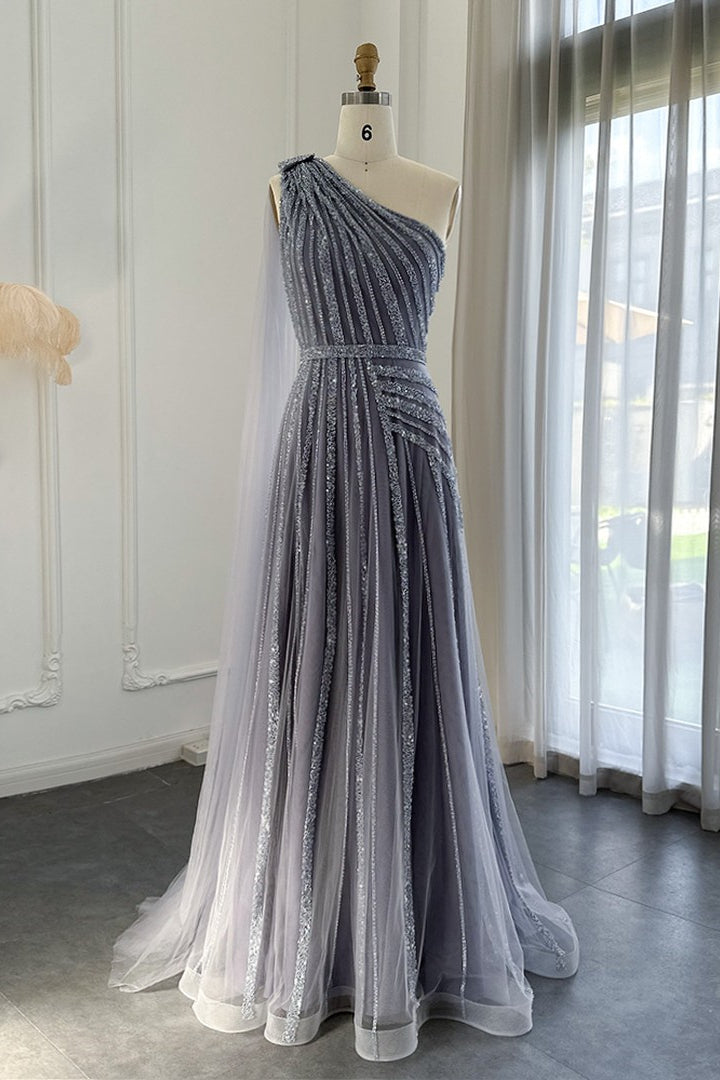Charming Grey One Shoulder Prom Dress with Beadings and Tulle Skirt-BallBride