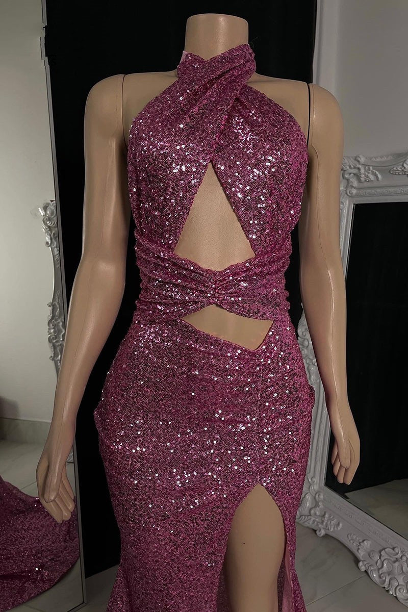 Charming Halter Sequins Prom Dress - Long Split Sleeveless Online-BallBride