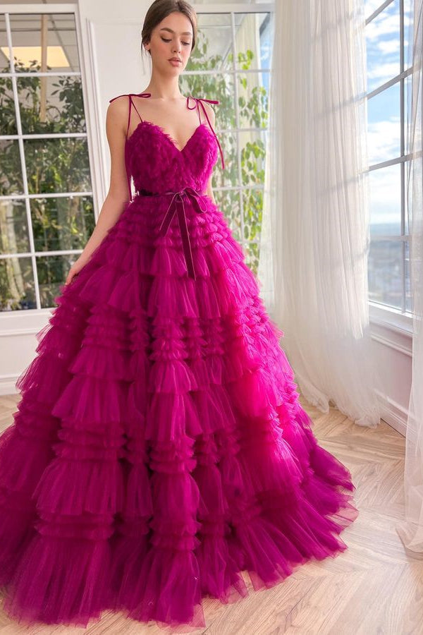 Charming Hot Pink Spaghetti-Straps V-Neck Prom Dress with Layered Tulle Sleeveless-BallBride