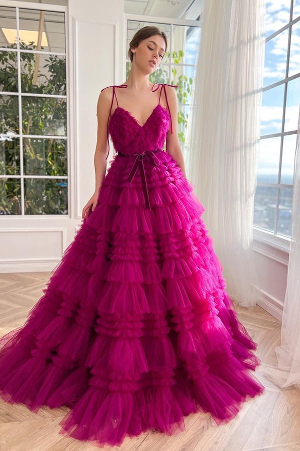 Charming Hot Pink Spaghetti-Straps V-Neck Prom Dress with Layered Tulle Sleeveless-BallBride
