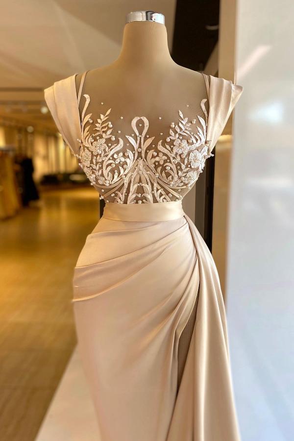 Charming Long Mermaid Straps Sleeveless Satin Lace Formal Prom Dresses with Slit-BallBride