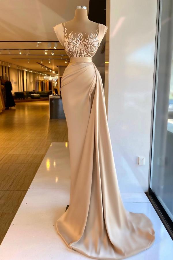 Charming Long Mermaid Straps Sleeveless Satin Lace Formal Prom Dresses with Slit-BallBride