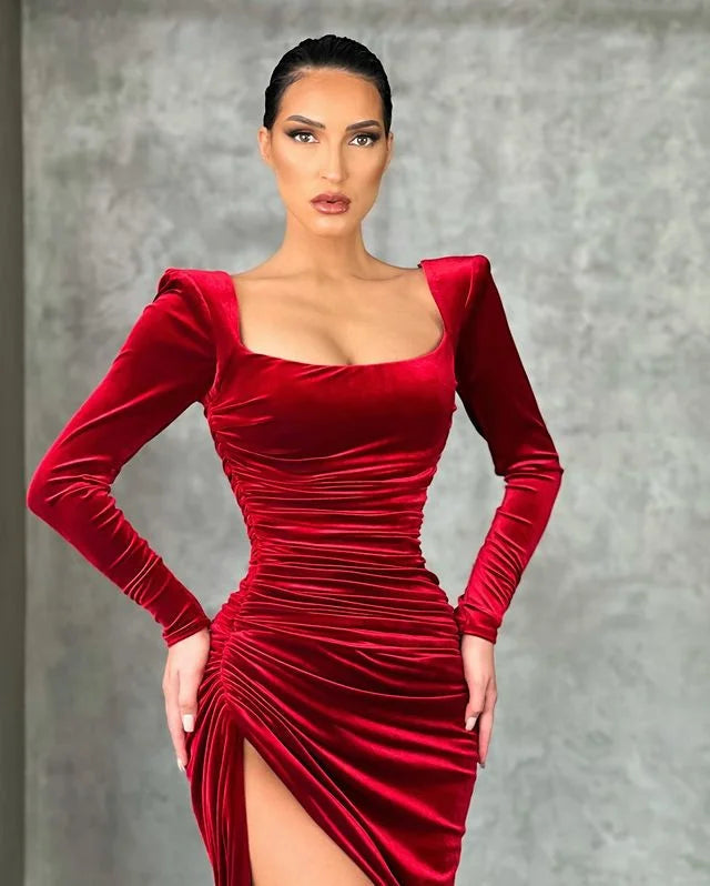 Charming Long Sleeves Burgundy Mermaid Evening Dress With Slit-BallBride
