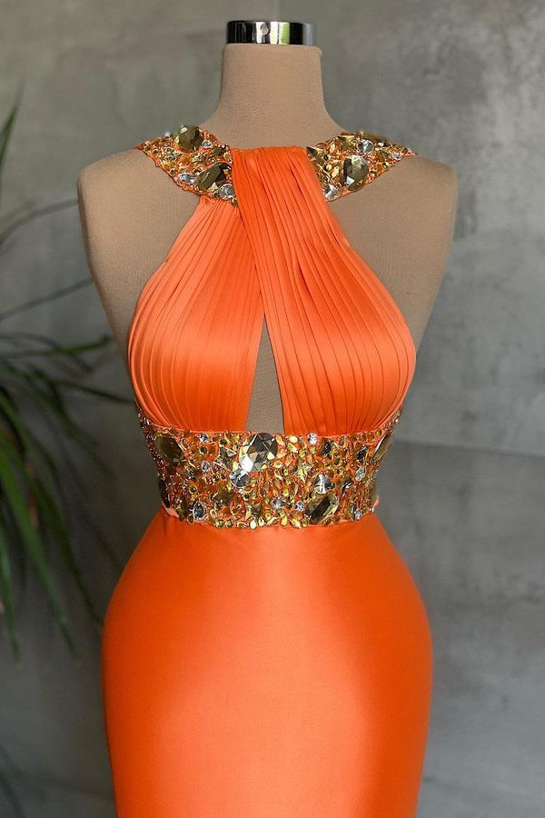 Charming Orange Halter Sleeveless Prom Dress Mermaid With Crystals-BallBride