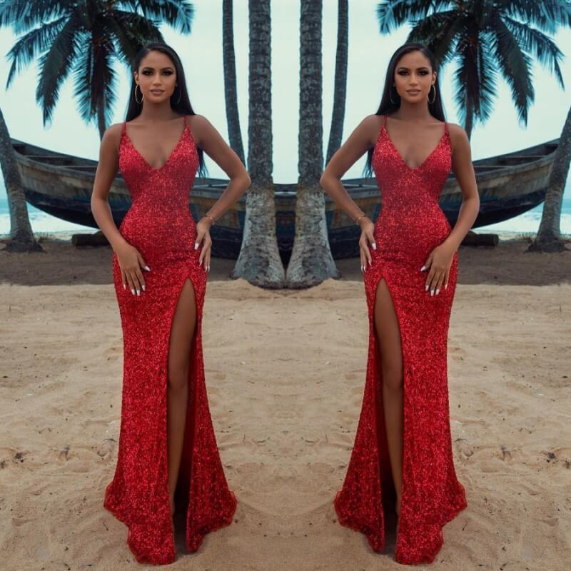 Charming Red Sequins Prom Dress - Spaghetti-Straps V-Neck Mermaid With Split-BallBride