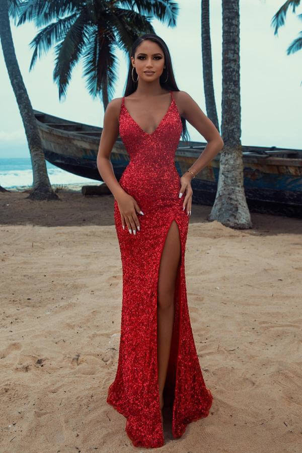 Charming Red Sequins Prom Dress - Spaghetti-Straps V-Neck Mermaid With Split-BallBride