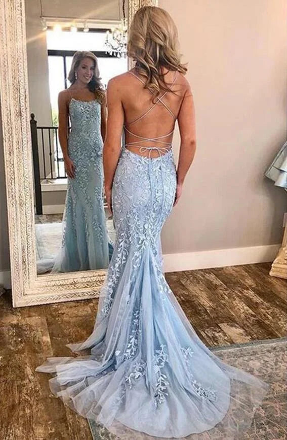 Charming Spaghetti-Straps Appliques Mermaid Long Evening Dress-BallBride
