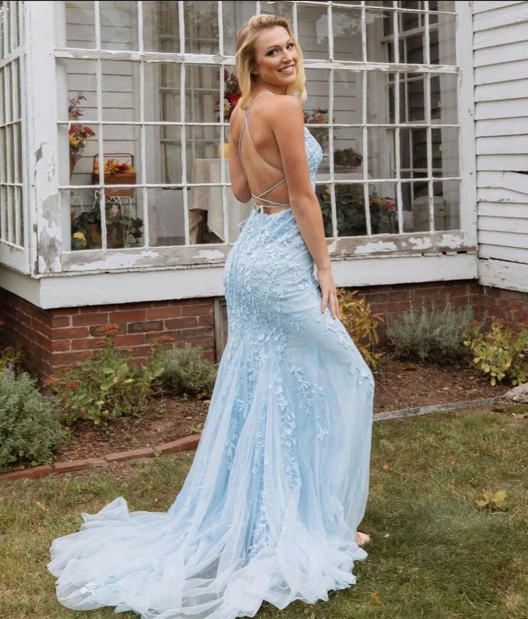 Charming Spaghetti-Straps Appliques Mermaid Long Evening Dress-BallBride