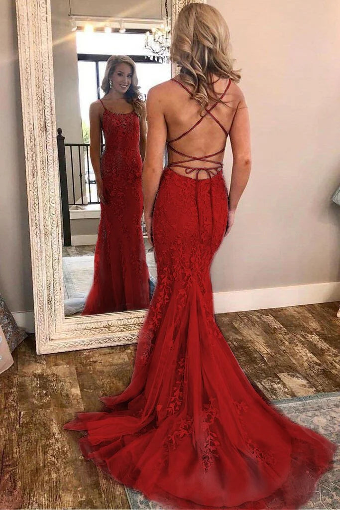 Charming Spaghetti-Straps Appliques Mermaid Long Evening Dress-BallBride