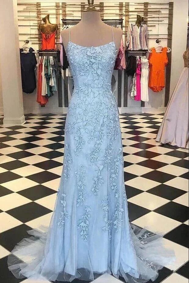 Charming Spaghetti-Straps Appliques Mermaid Long Evening Dress-BallBride