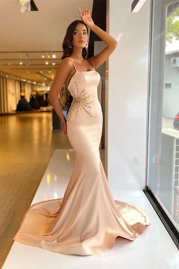 Charming Spaghetti-Straps Mermaid Evening Dress Long With Beadings-BallBride