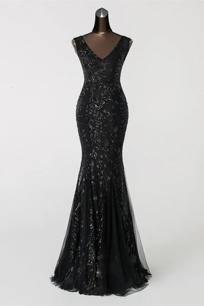 Charming V-Neck Sleeveless Sequins Prom Dress Long Mermaid Evening Party Gowns-BallBride