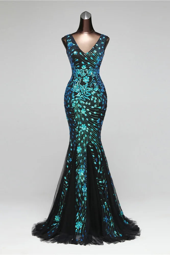 Charming V-Neck Sleeveless Sequins Prom Dress Long Mermaid Evening Party Gowns-BallBride