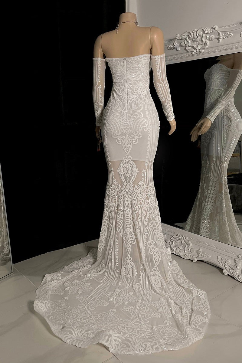 Charming White Lace Off-the-Shoulder Mermaid Prom Dress-BallBride