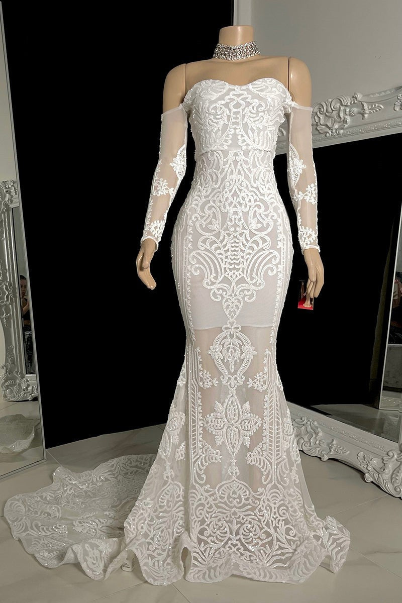 Charming White Lace Off-the-Shoulder Mermaid Prom Dress-BallBride