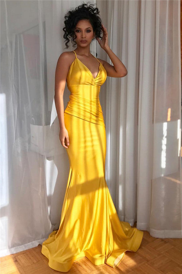 Charming Yellow Long Mermaid Prom Dress with Spaghetti-Straps-BallBride