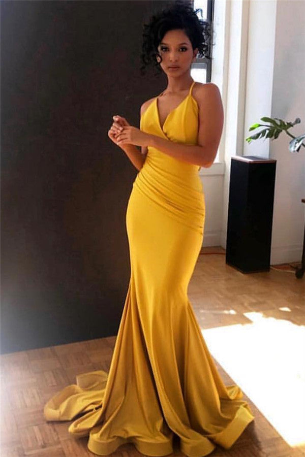 Charming Yellow Long Mermaid Prom Dress with Spaghetti-Straps-BallBride